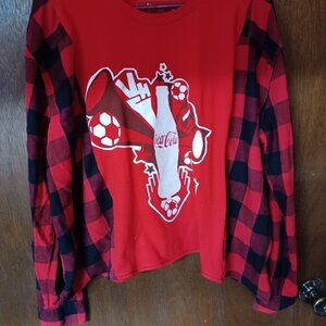 Upcycled remade Handmade Custom Flannel Plaid  red t-shirt Coca-Cola oversized